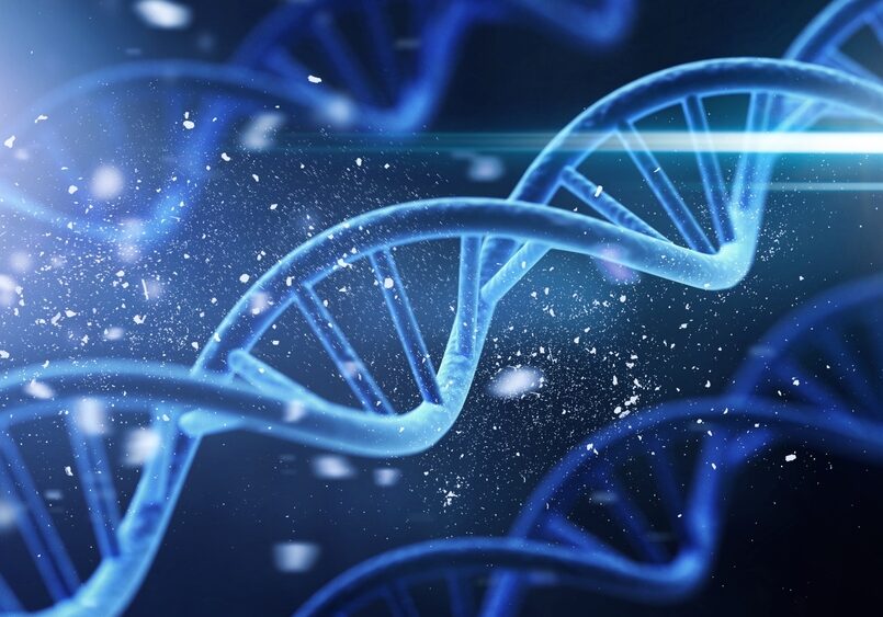 Spiral,Dna,Double,Helix,Structure,On,Blue,Background.